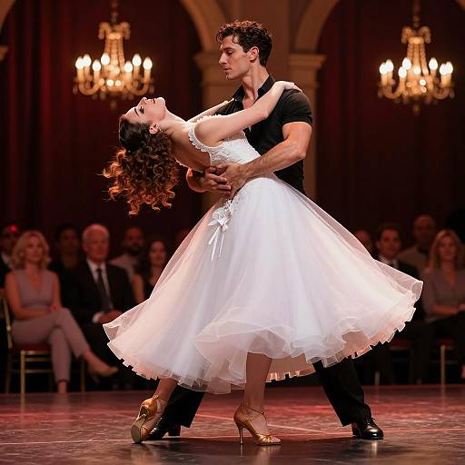 Passionate Dance Couple Under Chandelier Lights