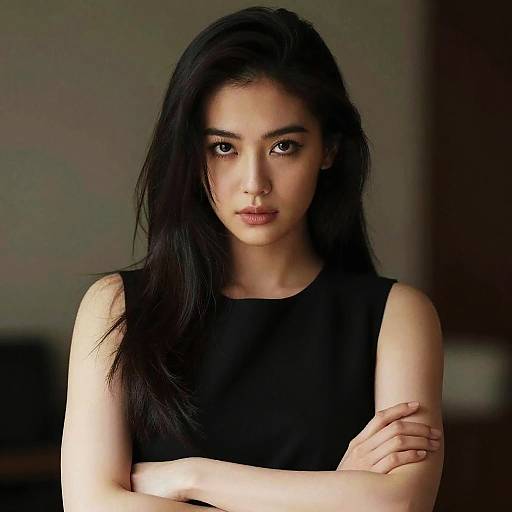 Photograph of an Asian woman with long black hair, wearing a black sleeveless top, arms crossed, looking intently at the camera, against a