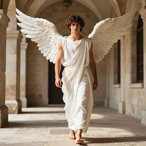 Young Man in Angel Costume Walking in Stone Corridor