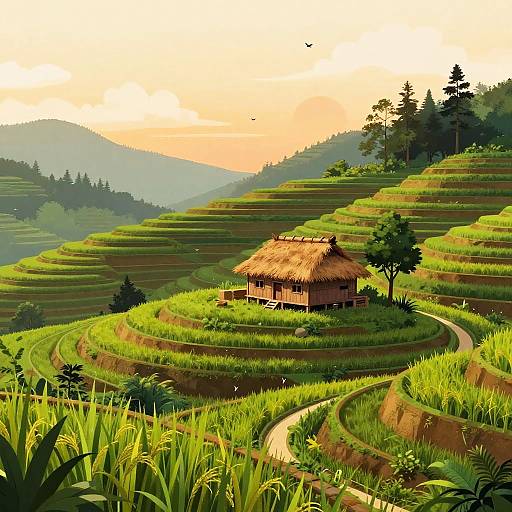 Whimsical Dawn Rice Terraces Illustration