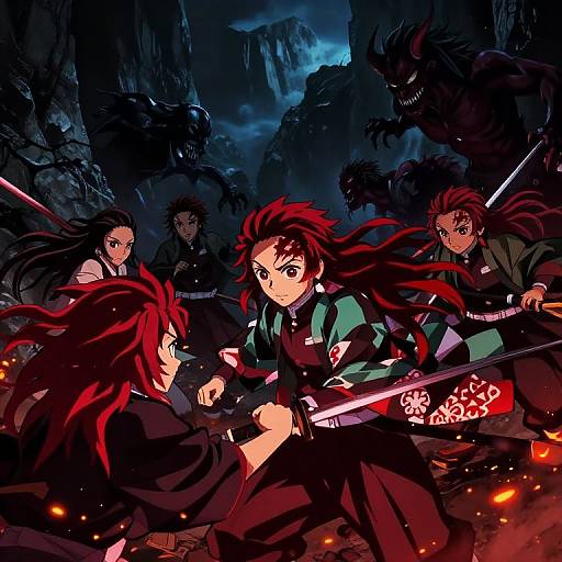 Anime-style digital illustration of five warriors with red hair and dark clothing, facing three menacing, shadowy monsters in a rocky, moonlit canyon. Bright