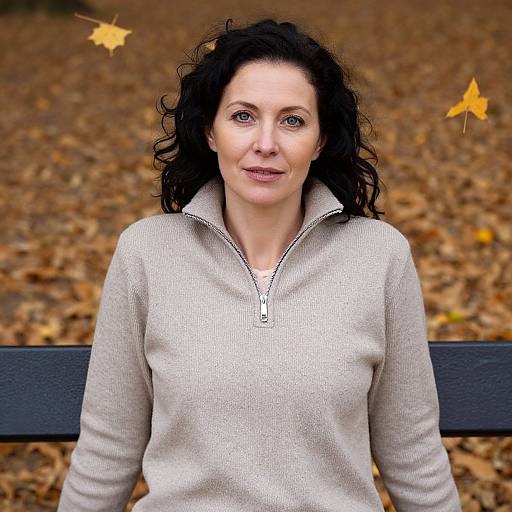 Photograph of a middle-aged woman with curly black hair, blue eyes, and fair skin, wearing a light beige zip-up sweater, sitting on a