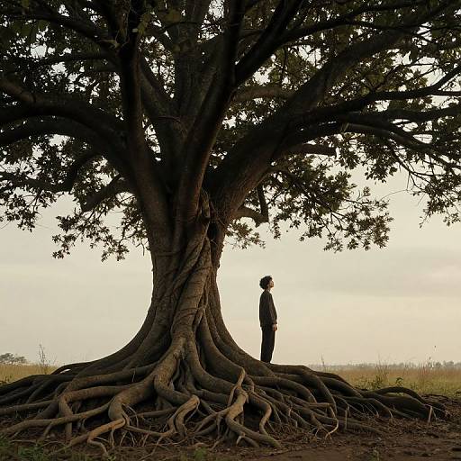 Photograph of a person standing in profile beside a massive, sprawling tree with intricate roots, under a cloudy sky.