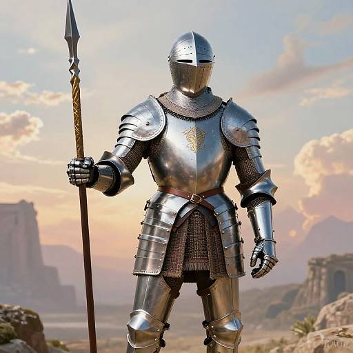 Photorealistic CGI of a medieval knight in shiny silver armor, holding a spear, standing in a sunlit desert landscape.