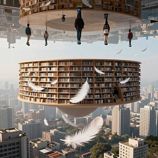 Digital artwork of futuristic cityscape featuring two cylindrical, floating book-filled structures with silhouetted people and white feathers, above densely packed skyscrapers