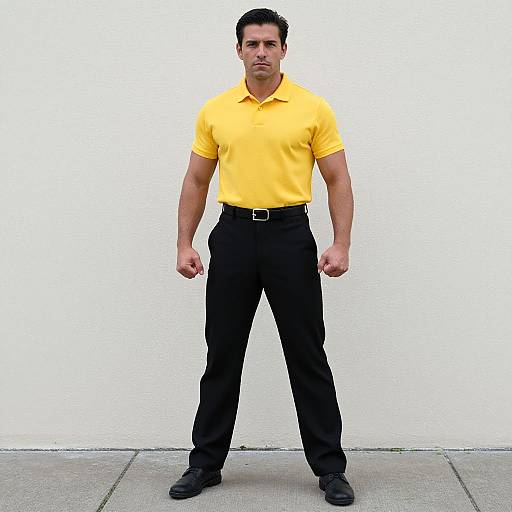 Photograph of a muscular man with short dark hair, wearing a yellow polo shirt, black pants, and black shoes, standing against a white wall.