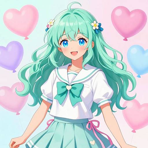 Cheerful Anime Girl with Mint Hair