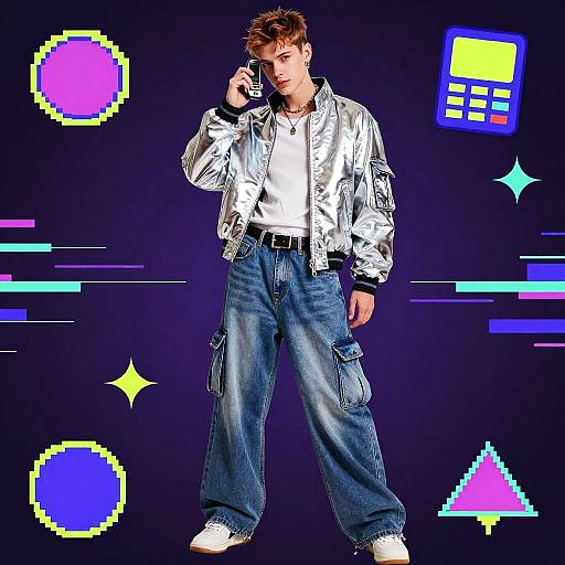 Y2K Aesthetic Teen with Metallic Jacket and Flip Phone