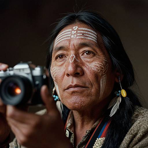 Photograph of an elderly Native American woman with white face paint, long black hair, holding a camera, dark background, traditional earrings.