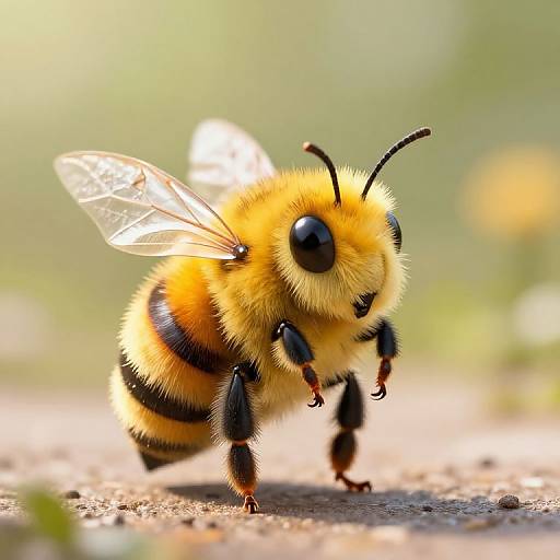 Close-up photograph of a fuzzy, yellow and black striped bee with translucent wings, large black eyes, and tiny legs, standing on a sunlit,