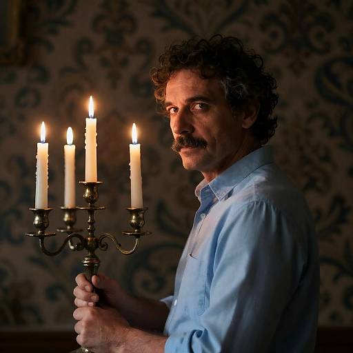 Mysterious Man with Candelabra in Dim Room