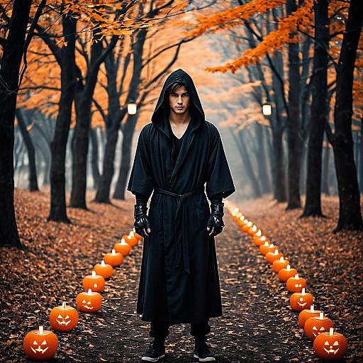 Young Man in Black Hooded Robe Standing on Autumn Forest Path