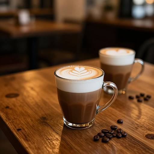 Photograph of two glass mugs with latte art on a wooden table, scattered coffee beans, warm indoor lighting, blurred background.