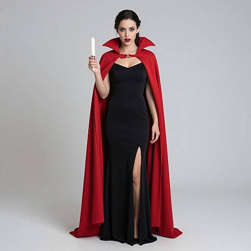 Photograph of a pale-skinned woman with dark hair, wearing a red cape, black dress with thigh-high slit, holding a white gun, standing