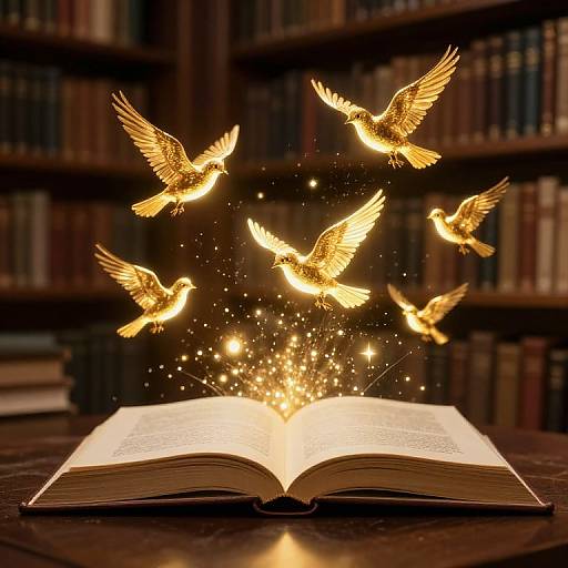 Photograph of an open glowing book on a dark wooden table, surrounded by golden, ethereal birds with sparkling lights. Library background.