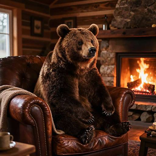 Photograph of a large brown bear sitting on a leather armchair in a cozy log cabin with a roaring fireplace.