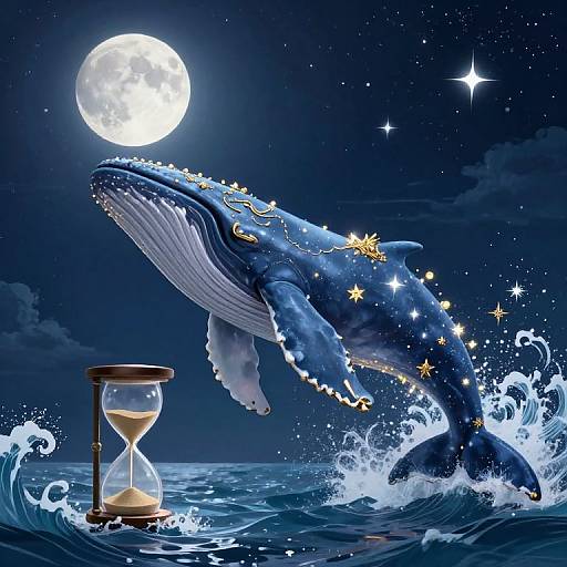 Digital art: A blue, star-decorated whale leaps from dark ocean waves under a bright moon, with a sand-filled hourglass on the left
