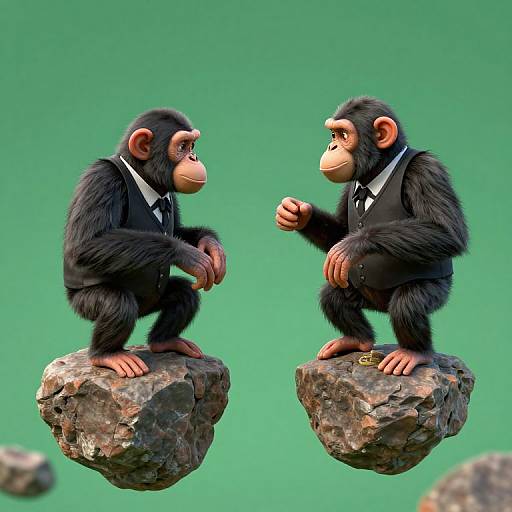 Photorealistic CGI of two anthropomorphic black-furred baby monkeys in black tuxedos, sitting on rocks, facing each other against a green