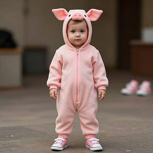 Photograph of a cute baby standing outdoors in a pink pig onesie with ears, pink sneakers, and a neutral background.
