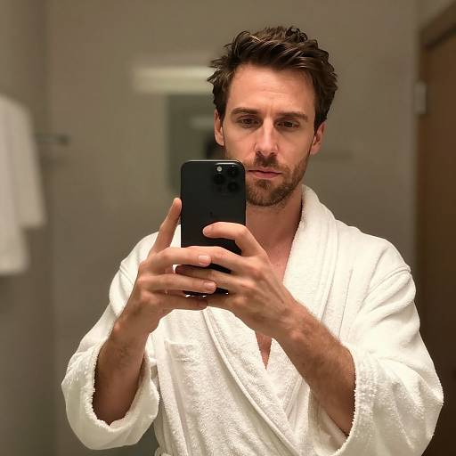 Photograph of a handsome, bearded man with tousled brown hair, wearing a white bathrobe, taking a mirror selfie with a black smartphone in