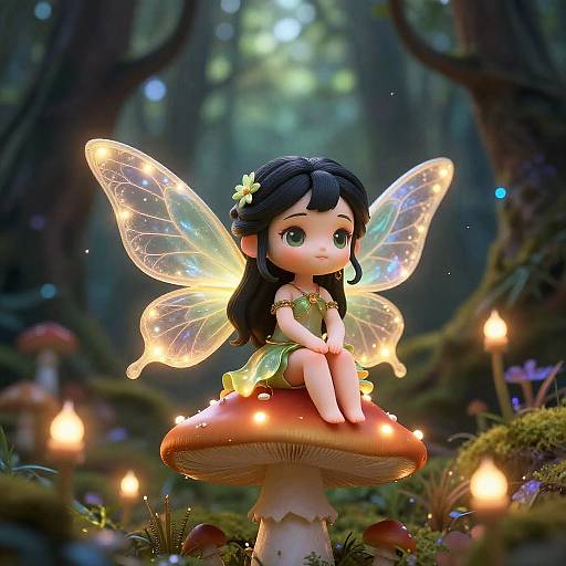 Cute Black-Haired Fairy on Mushroom