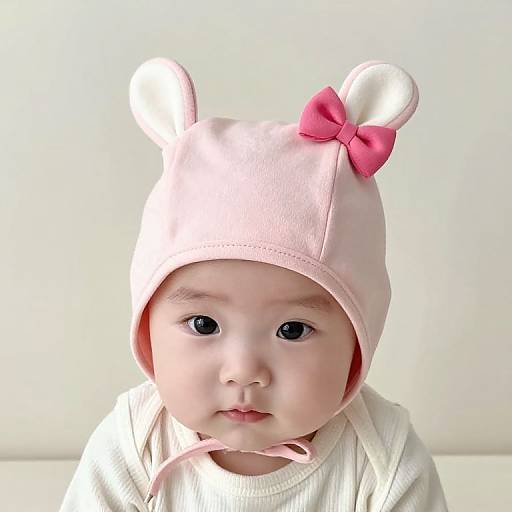 Photograph of a cute Asian baby with fair skin, wearing a pink bear-eared hat with a pink bow, and a white ribbed sweater,