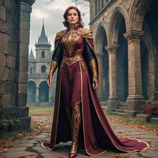 Medieval Fantasy Woman in Ornate Burgundy Robe