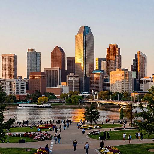 Photograph of a bustling city park at sunset, with people walking along a riverfront, surrounded by a vibrant skyline of tall, illuminated skyscrapers