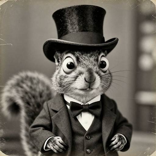 Black-and-white photograph of a cartoon squirrel in a top hat and formal suit, with a bow tie and white shirt, holding its paws. Bl