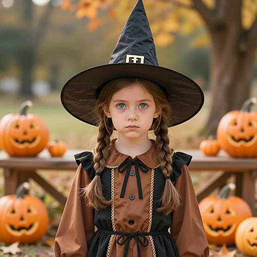 Young Girl in Witch Costume with Blue Eyes and Pumpkins
