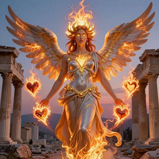 Digital artwork of a fiery-winged goddess with glowing eyes, holding flaming heart-shaped flames, wearing a metallic dress, standing amid ancient ruins at sunset.