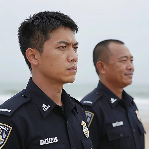 Two Asian Police Officers in Uniform Outdoors