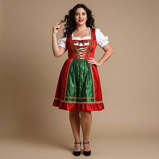 Photograph of a curly-haired woman with fair skin wearing a red and green Bavarian-style dress, white blouse, black heels, against a beige backdrop