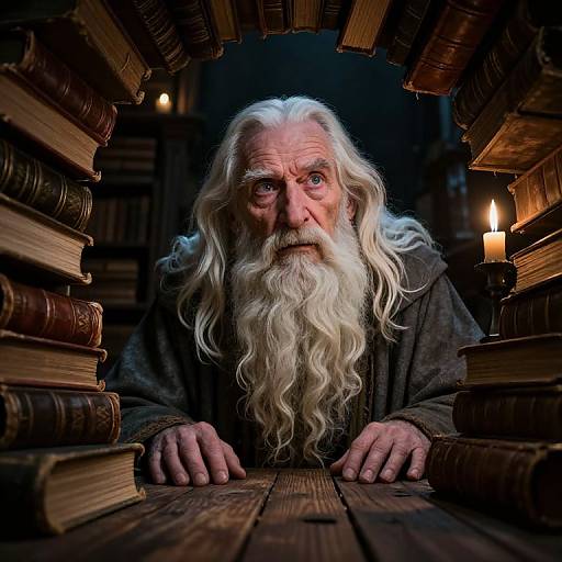Photograph of an elderly man with a long, white beard and blue eyes, peering through a narrow gap of stacked, aged books, illuminated by