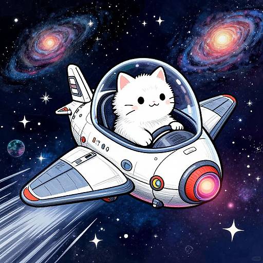 Digital illustration of a fluffy white cat wearing a space helmet, piloting a colorful, cartoon-style rocket ship through a starry, galaxy-filled space background