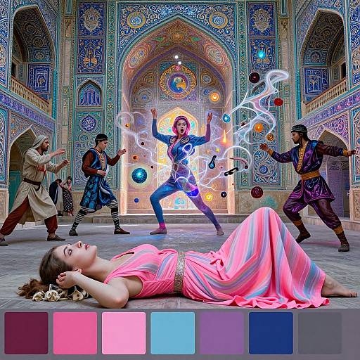 Photograph of a vibrant scene in a colorful, ornate mosque: a woman in a pink dress lies on the floor, four men perform magic with