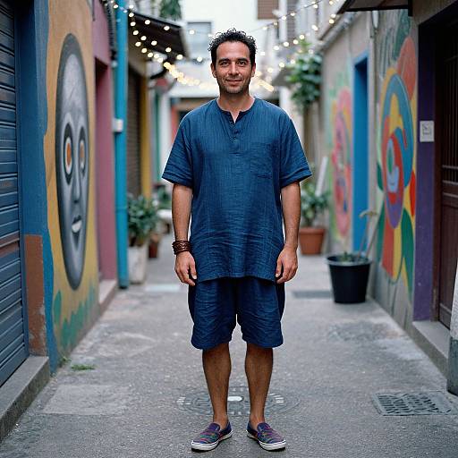 Photograph of a smiling man in a blue shirt and shorts standing in a narrow, colorful graffiti-covered alley with string lights.