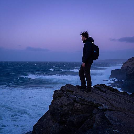 Photograph of a man with a backpack standing on a rocky cliff, gazing at the turbulent blue ocean during dusk.