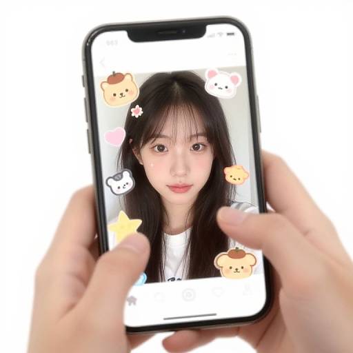 Photograph of an Asian woman with long black hair, wearing a white top, displayed on a smartphone screen with cute animal emojis. Hands holding phone in