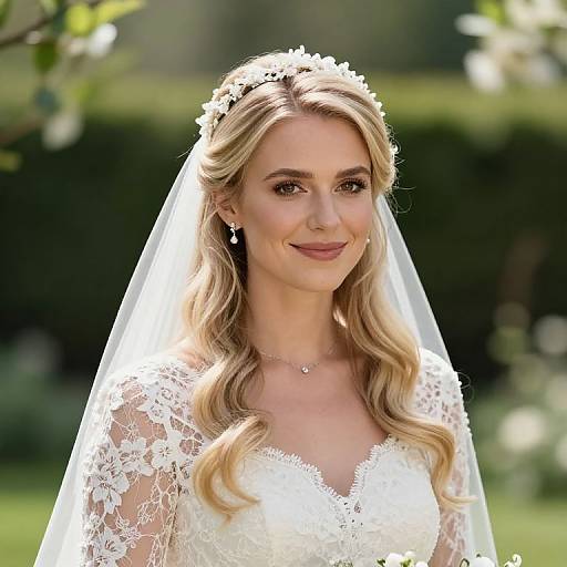 Blonde bride with wavy hair, wearing lace wedding dress and veil, smiling in bright outdoor garden; soft sunlight highlights her beauty. Photograph.