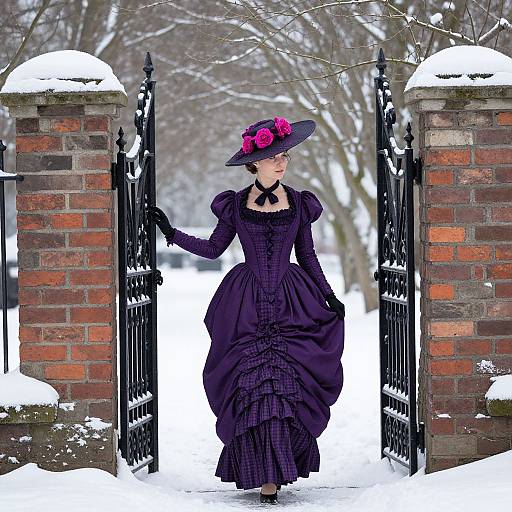 Gothic-style woman in a purple Victorian dress and matching hat with pink roses, walking through a snow-covered iron gate flanked by brick pillars.