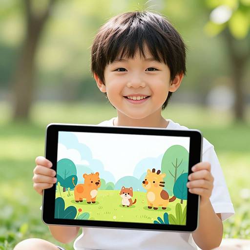 Photograph of smiling Asian boy with black hair, holding tablet displaying colorful foxes in a grassy field, wearing white shirt, outdoors.
