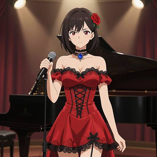 Anime-style digital drawing of a black-haired woman in a red, lace-trimmed, off-shoulder dress, holding a microphone, with a