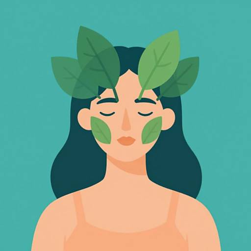 Digital illustration of a fair-skinned woman with closed eyes, dark blue hair, and green leaves on her head and cheeks, against a turquoise background.