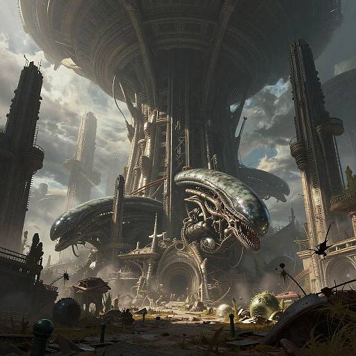 Digital artwork of a sci-fi alien cityscape featuring two large, menacing Xenomorphs with shiny, exoskeleton-like skin, towering over ruined