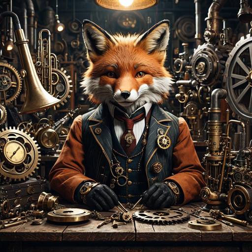 Steampunk Fox Artist in Hyperrealistic Workshop