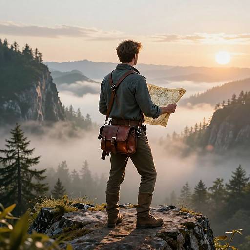 Photograph of a man with brown hair, wearing a green shirt, brown pants, and leather satchel, standing on a rocky cliff, holding