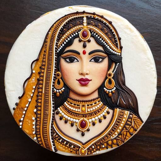 Detailed, circular, traditional Indian painting of a woman with dark hair, adorned in gold jewelry, red gemstones, and an orange veil, set against
