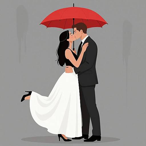 Romantic Couple Under a Red Umbrella