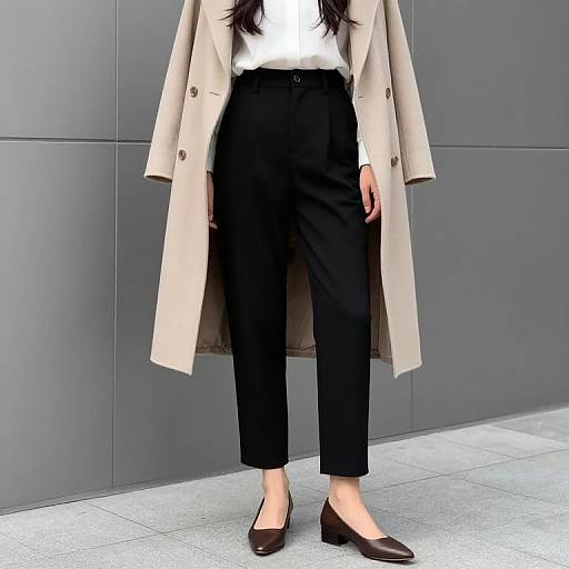 Photograph of a woman's lower body in black pants, beige coat, white blouse, and black flats, standing against a gray wall.